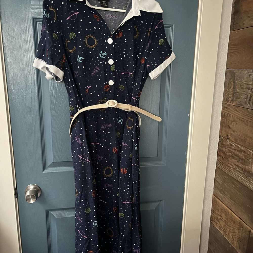 Vintage-Inspired Navy Space Print Shirt Dress with Removable White Belt